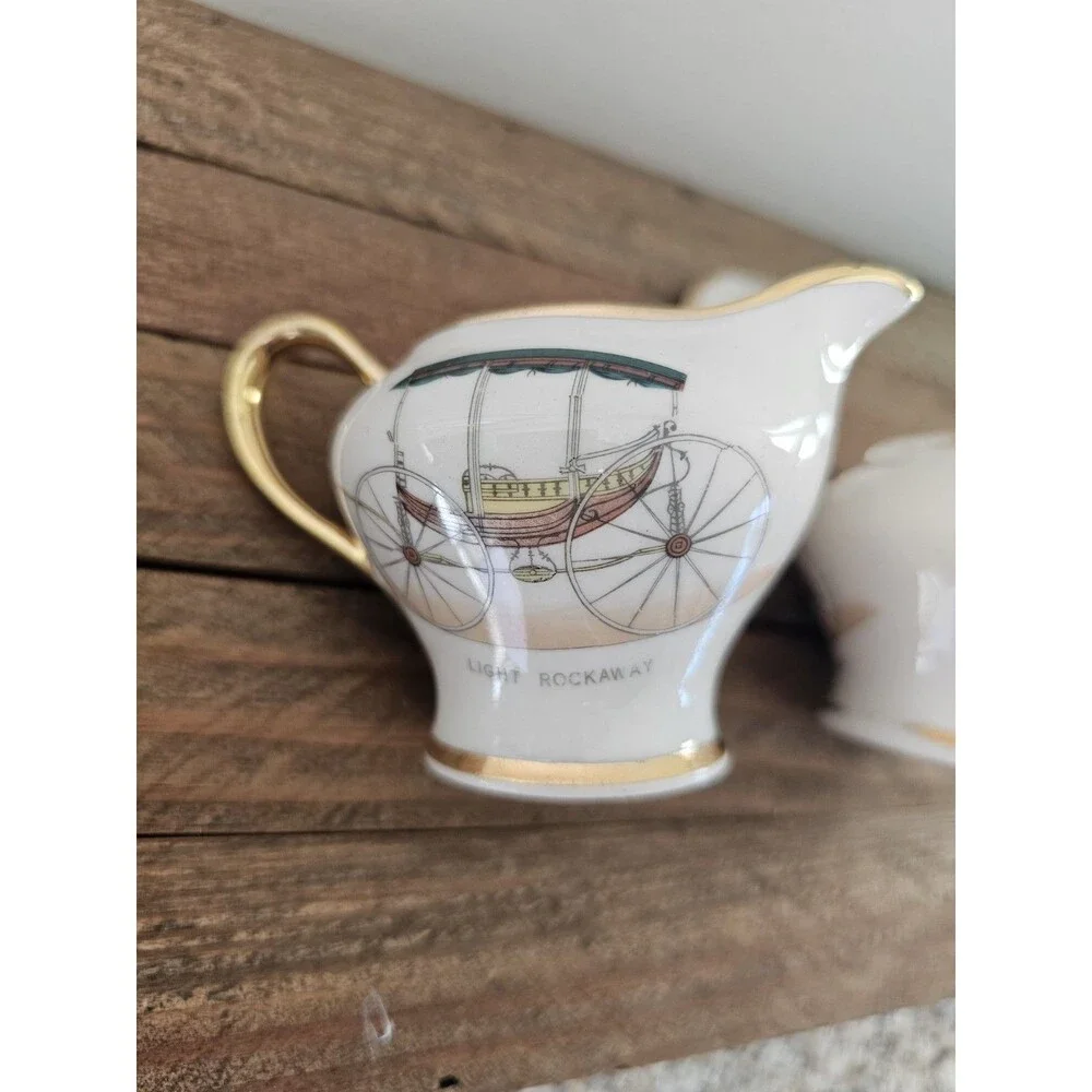 Small Vintage Kingwood China Creamer And Sugar Carriage Wagon Stagecoach Design